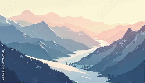 Scenic Mountain Landscape with Snow-Capped Peaks and River in Soft Pastel Colors
