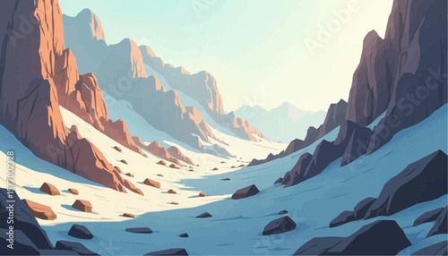 Snowy Mountain Valley with Rocky Cliffs Under Clear Sky