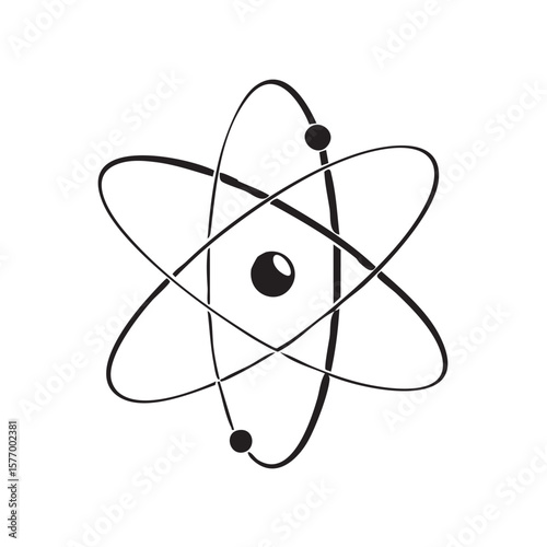 Atom Structure: A streamlined monochrome depiction of an atom showcases the nucleus encircled by orbiting electrons, encapsulating the essence of scientific principles.