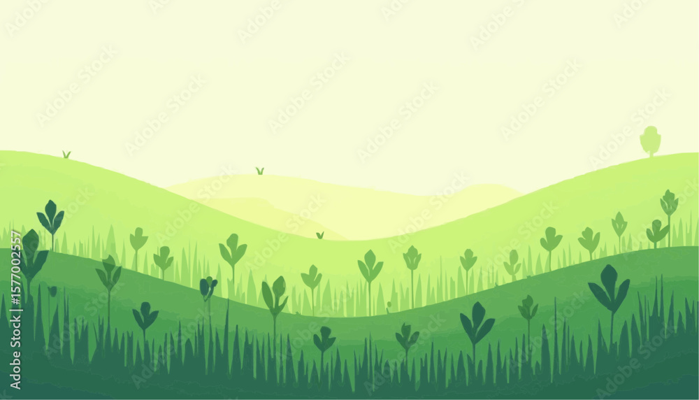 Obraz premium Abstract Green Hilly Landscape with Trees and Grass in Soft Pastel Colors