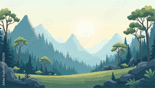 Serene Mountain Landscape Illustration with Forest and Sun in Soft Colors