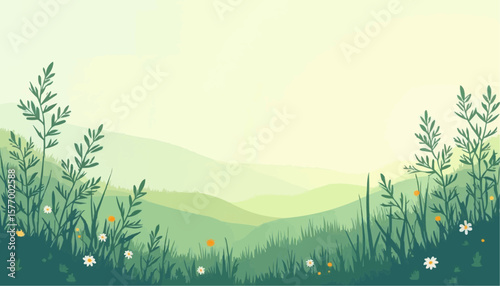 Serene Green Nature Landscape with Flowers and Rolling Hills in Soft Pastel Colors