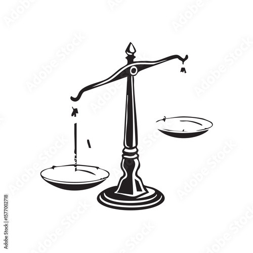 Justice Scales: The iconic symbol of justice, a perfectly balanced scale, presented with stark precision, reflecting the concepts of fairness, impartiality, and the pursuit of truth.