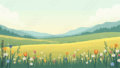 Colorful Flower Field Landscape with Rolling Hills and Blue Sky