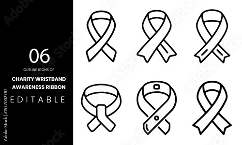 Charity Wristband and Awareness Ribbon Outline Icon Set