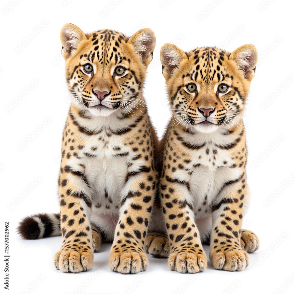 Obraz premium Two leopard cubs sitting closely together with playful expressions , isolated on white background