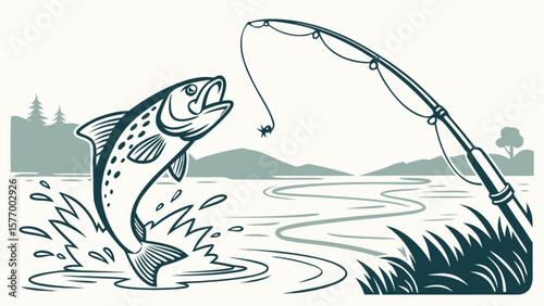 Illustration of fish jumping out of water on fishing hook with rod for sport fishing adventure trip