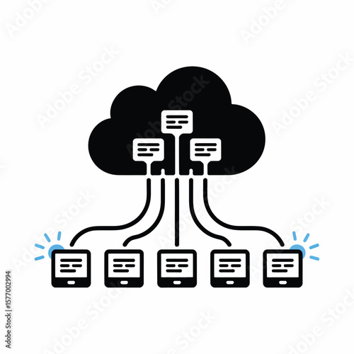 Black Cloud Computing Icon Multiple Connected Devices Displaying Message Queue System Data Transfer Illustration Five Smartphones Data Transmission Black Cloud Server Graphic Design
