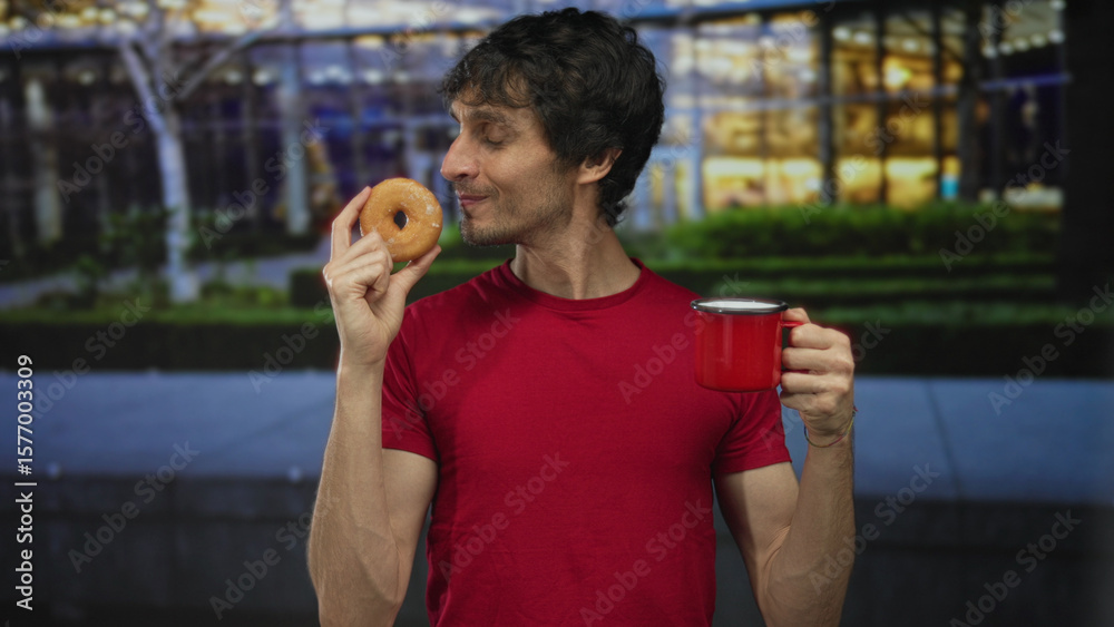 Fototapeta premium Man wearing red t shirt holding donut and mug on urban city street at night under street lights; happiness.