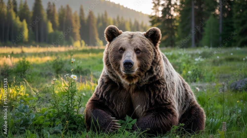 Fototapeta premium Majestic brown bear sits peacefully in a sunlit meadow surrounded by wildflowers and forest