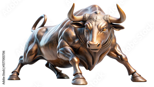 A bronze wall street bull statue isolated on transparent background photo