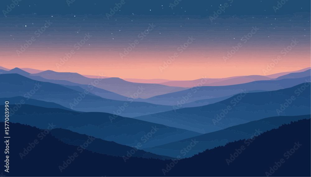 Obraz premium Scenic Mountain Landscape at Night with Starry Sky and Pink Sunset Clouds
