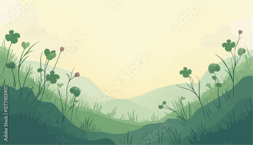 Pastel Green Nature Landscape with Hills and Four Leaf Clovers at Sunrise