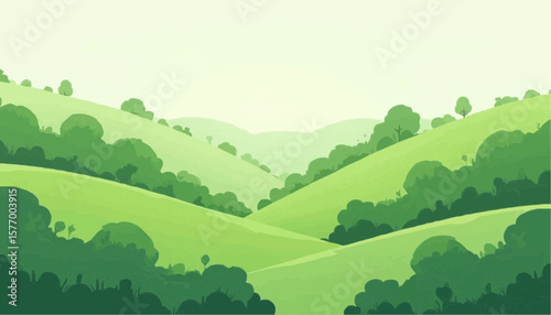 Green Hills Landscape with Rolling Valleys and Trees in Soft Light