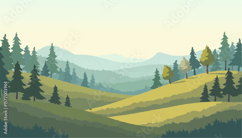 Scenic Landscape Illustration of Rolling Hills Forests in Soft Green and Blue Tones