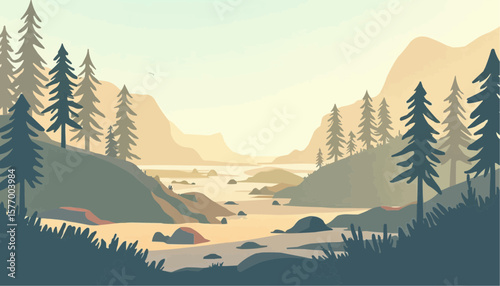 Serene Mountain River Landscape with Pine Trees and Soft Sunset Light