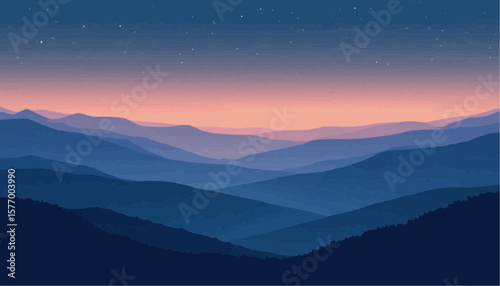 Scenic Mountain Landscape at Night with Starry Sky and Pink Sunset Clouds