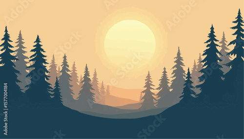 Sunset Over Mountain Forest with Tall Pine Trees in Warm Colors