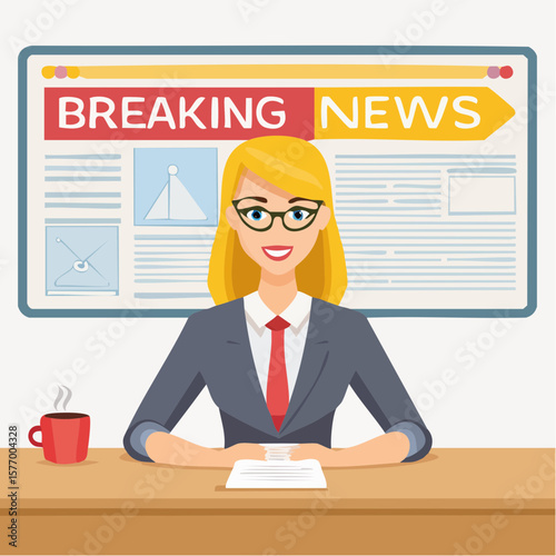 Breaking News Anchor: An elegant anchor delivers the latest headlines in front of a news screen, embodying the essence of modern journalism.
