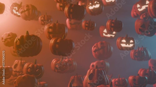 Dark and Foggy Halloween Background with Glowing Scary Pumpkins Floating Around, seamless loop