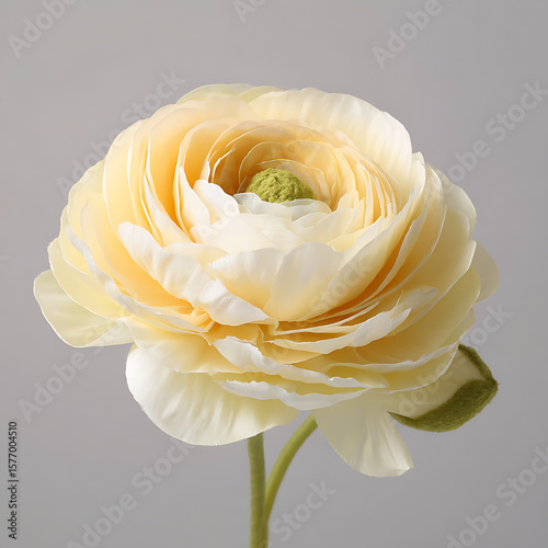 Cream yellow ranunculus flower in full bloom with soft petals on neutral background