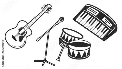 Illustration of musical instruments including guitar drums keyboard and a microphone stand drawn in black vreated with genrated ai