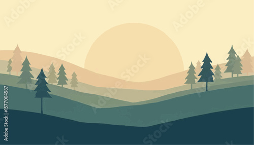 Minimalist Landscape Illustration of Sunset Over Forested Hills in Soft Pastel Colors