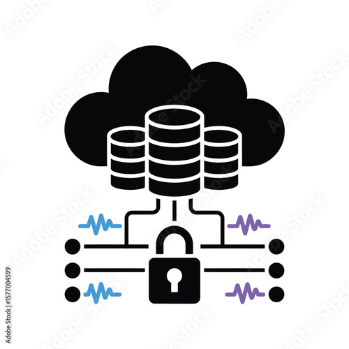 Black Cloud Database Vector Icon Three Black Database Servers Connected Secure Padlock Blue Purple Wave Signals Data Storage Secure Server Network