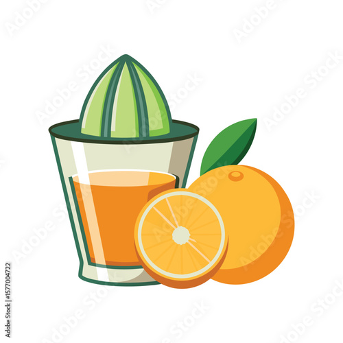 Freshly squeezed orange juice with citrus fruit and juicer