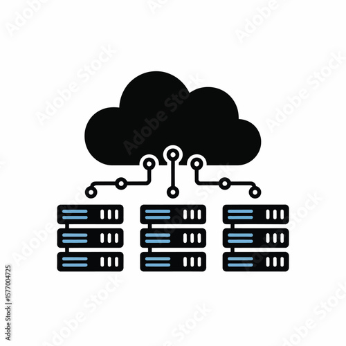 Black cloud icon connected to three black and light blue servers via thin lines illustrating data storage and cloud computing network a simple graphic design