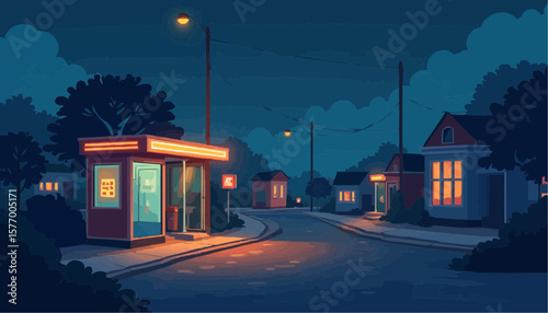 Nighttime Neighborhood Street with Illuminated Bus Stop and Warm Lighted Windows