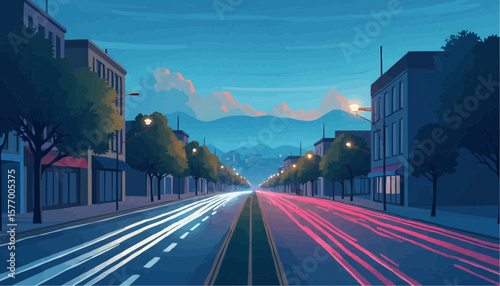 Night City Street with Light Trails and Modern Buildings During Twilight