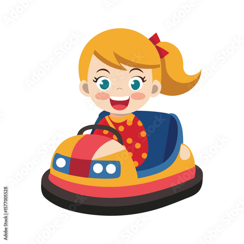 Joyful girl riding a bumper car at an amusement park