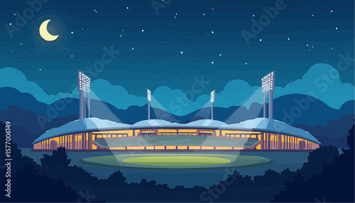 Nighttime Stadium with Bright Lights and Mountain Background Under Starry Sky