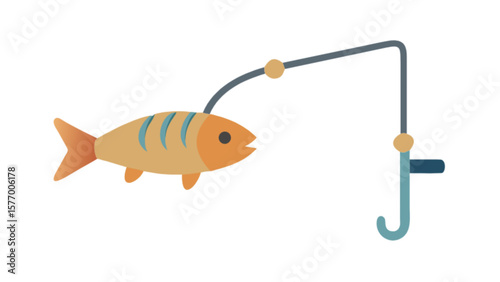Cartoon fish on a fishing rod vector illustration for fishing hobby and recreational activity design concept