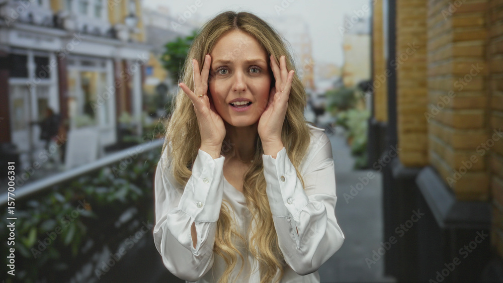 Fototapeta premium Woman posing on a city street with blonde hair wearing a white shirt expressing surprise or shock outdoors with urban background.