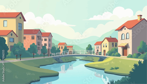Colorful Cartoon Village Scene with River and Bridge in Sunny Day