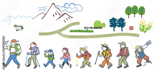 山道を散策する子どもからシニアまでのグループ　セットのストックイラスト素材
