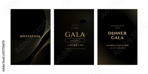 Three black and gold invitation templates for a gala dinner on June 14, 2025. Elegant designs with wave and circle patterns.