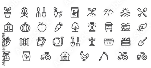 Gardening & Agriculture Line Icons Pack – Unique Outline Symbols of Plants, Tools, Farming Equipment & Nature Elements