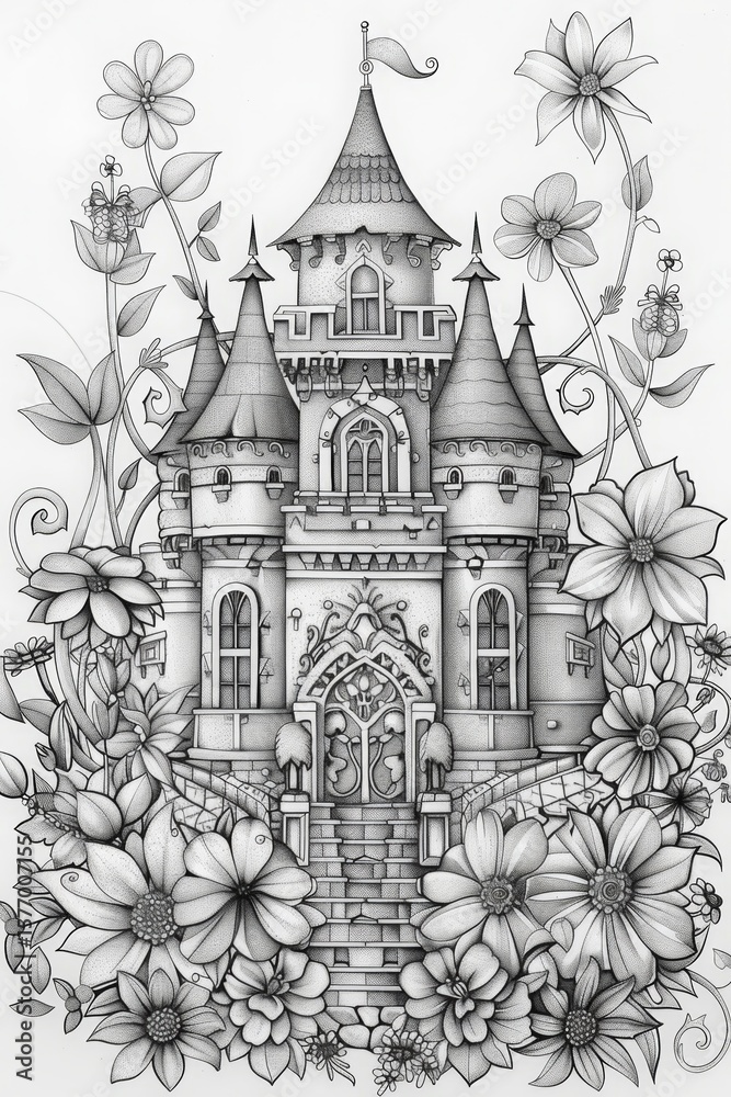 Fototapeta premium Enchanted castle surrounded by delicate flowers and winding foliage in black and white