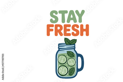 Cucumber mint jar drink flat vector muted green palette poster