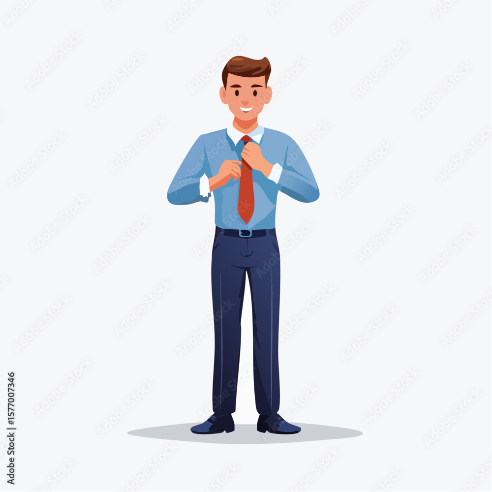 Well-dressed Professional Preparing for the Day: A poised young man in business attire straightens his tie, exuding confidence and professionalism. Well-dressed Professional Preparing for the Day: A poised young man in business attire straightens his tie, exuding confidence and professionalism.