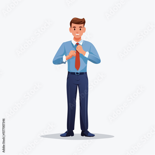 Well-dressed Professional Preparing for the Day: A poised young man in business attire straightens his tie, exuding confidence and professionalism.