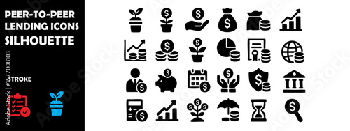 PEER-TO-PEER LENDING ICONS Silhouette Vector Set — Online Loans, Crowd Funding & Financial Networking