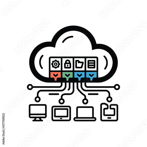 Black Outline Cloud Computing Icon Minimalist Design Illustrating Data Synchronization Server Network Multiple Devices Connected Downloading Uploading Data Storage Security Features