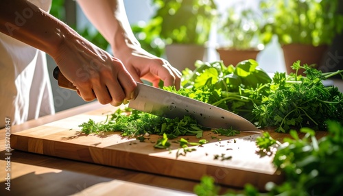 Hands chopping fresh herbs on a wooden board (2)
