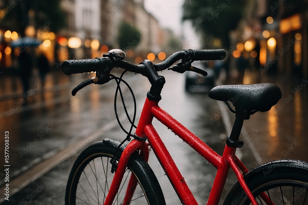 Red bicycle parked on wet city street during evening rain with beautiful bokeh lights creating atmospheric urban scene Red bicycle parked on wet city street during evening rain with beautiful bokeh lights creating atmospheric urban scene