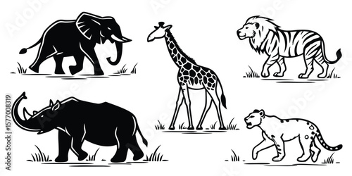 Silhouette of African Animals in a Simple Line Art Style
