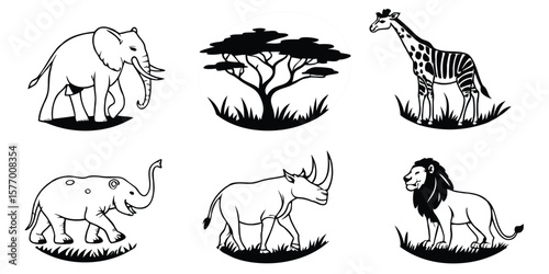 Simple Black and White African Wildlife Illustration Set